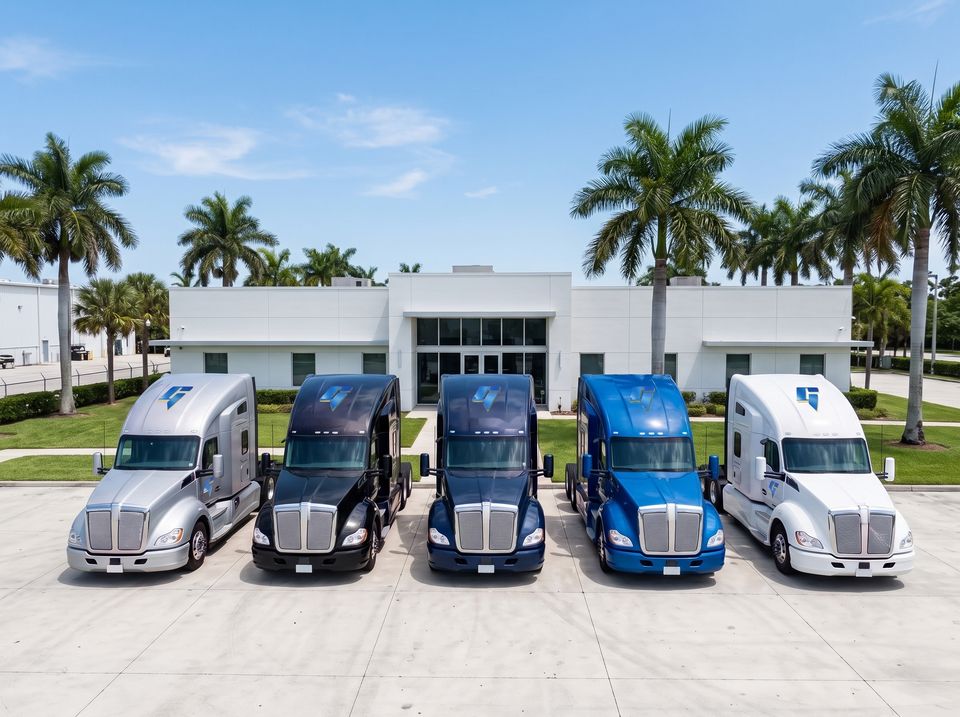 The GEMCAP office in Miami, a low white building among royal palms, with five tractors in the fleet colors parked in front