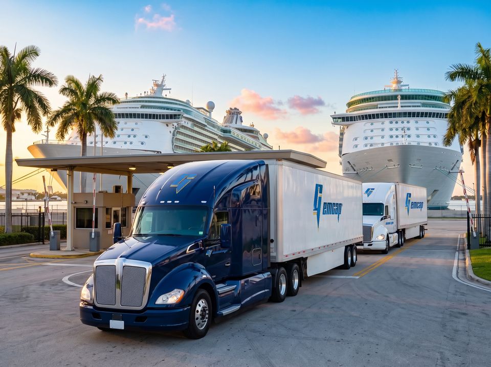 A navy and a white GEMCAP tractor-trailer rolling through the PortMiami truck gate at sunrise, cruise ships docked behind