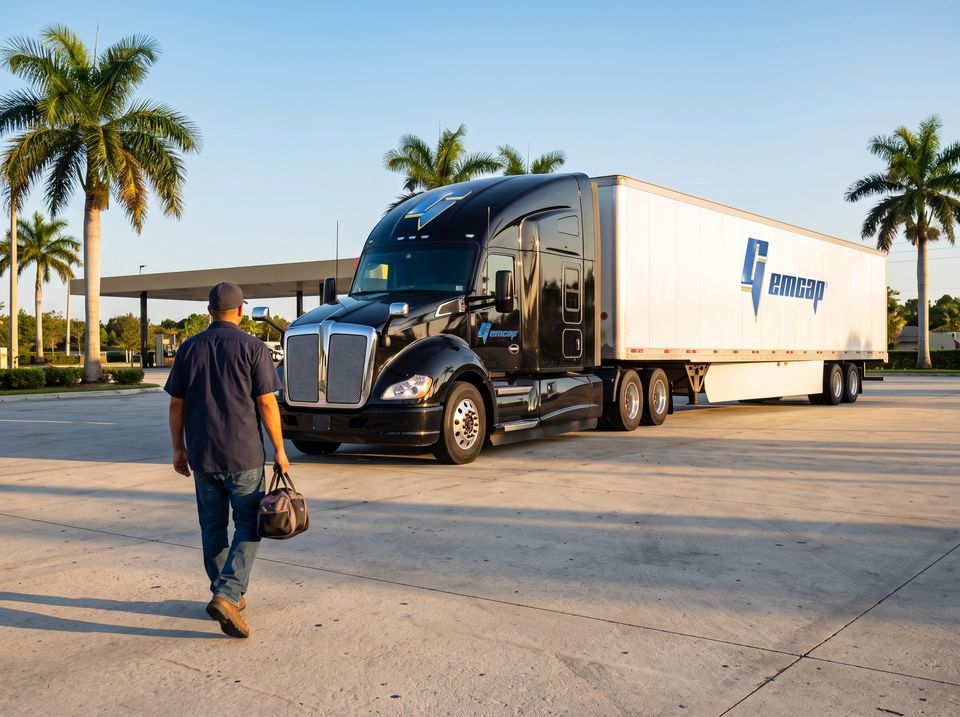 A truck driver, seen from behind, walking to a black GEMCAP tractor-trailer at a Florida truck stop at golden hour