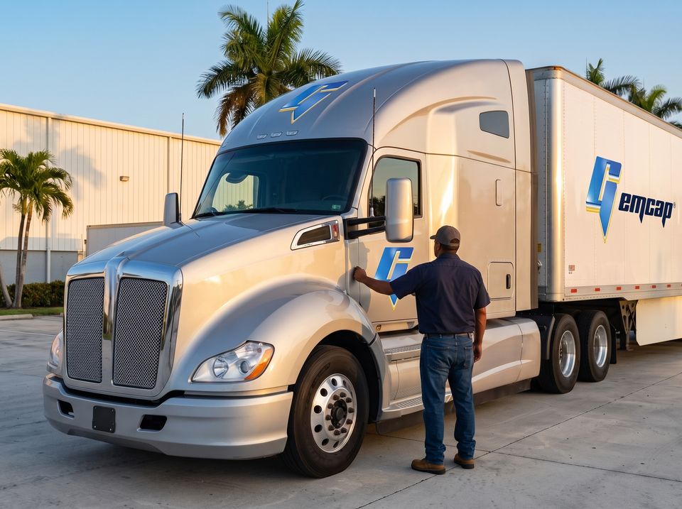 A truck driver, seen from behind, standing by the cab of a silver GEMCAP truck at golden hour