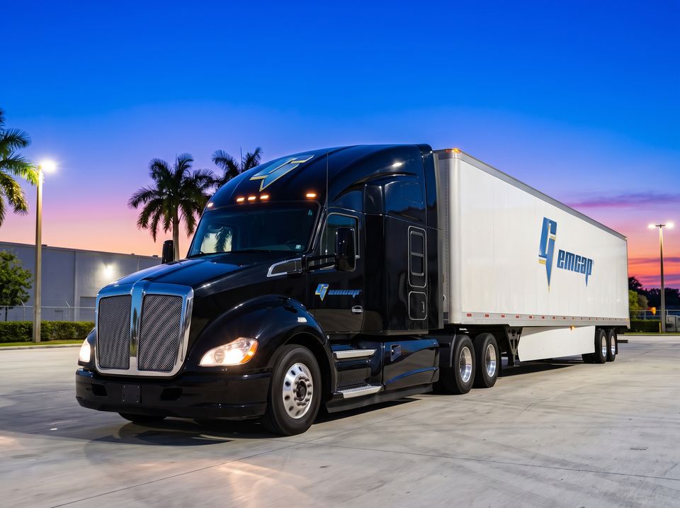 A black GEMCAP tractor-trailer with its headlights on in the Miami truck yard at blue hour