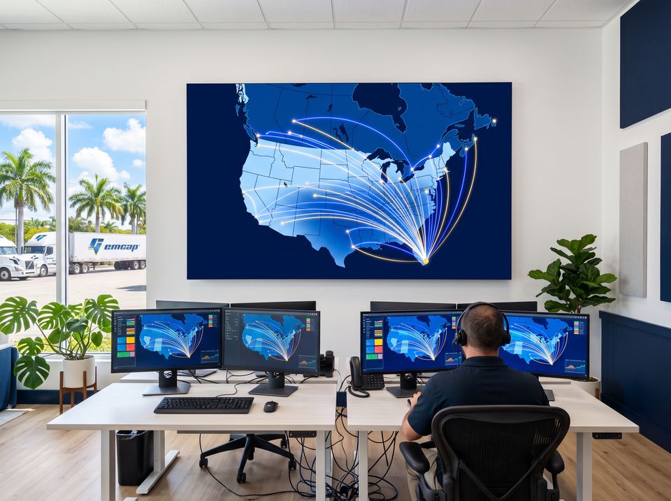 A bright dispatch room: a wall screen maps routes fanning out from Miami across the U.S. and Canada, a dispatcher at the desk