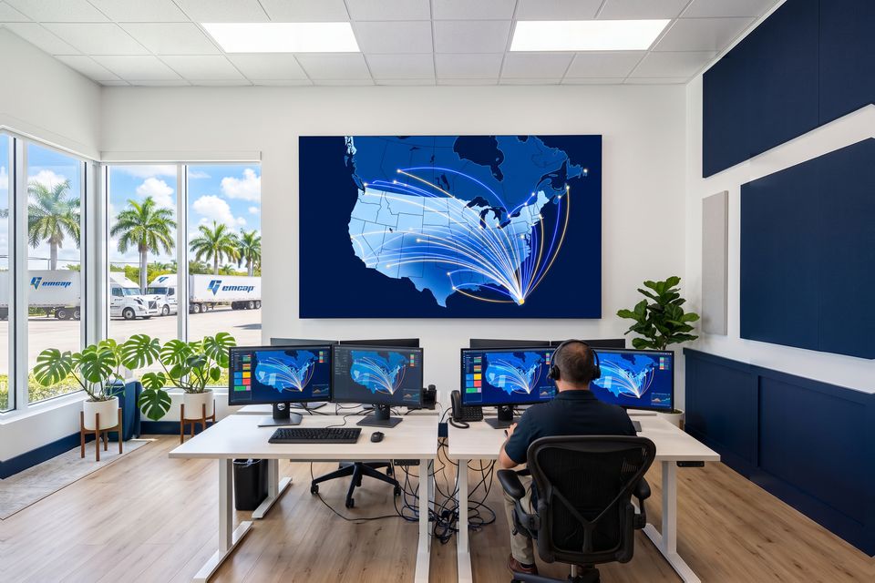 A bright dispatch room: a wall screen maps routes fanning out from Miami across the U.S. and Canada, a dispatcher at the desk