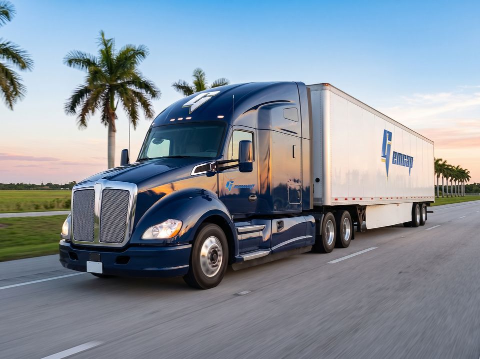 A navy GEMCAP tractor-trailer on an open Florida interstate at dawn