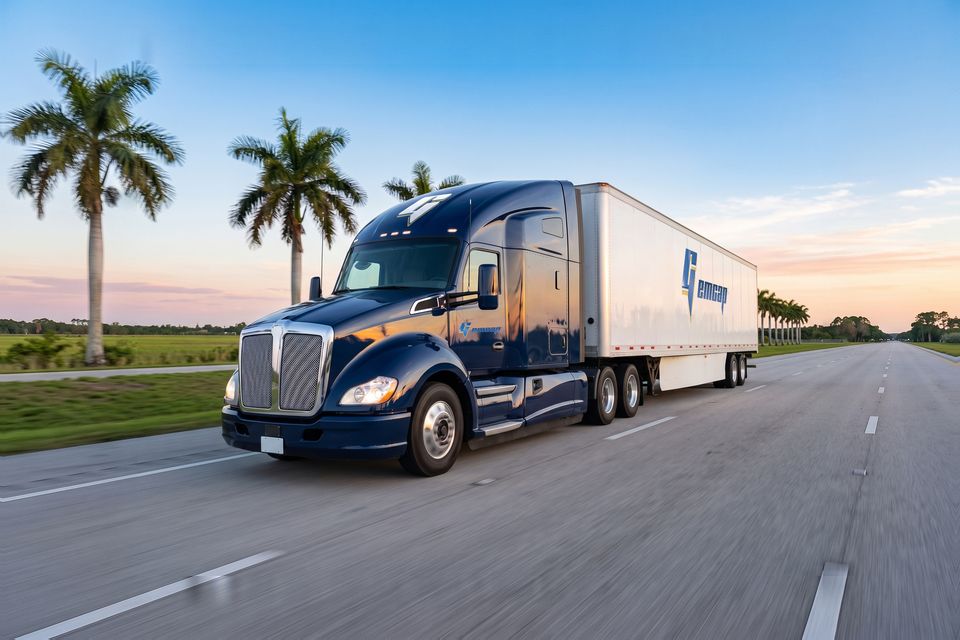 A navy GEMCAP tractor-trailer on an open Florida interstate at dawn